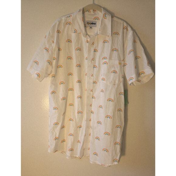 Tipsy Elves Mens L Shirt Short Sleeve Button White Rainbow All Over Sz Large NWT - Picture 1 of 9